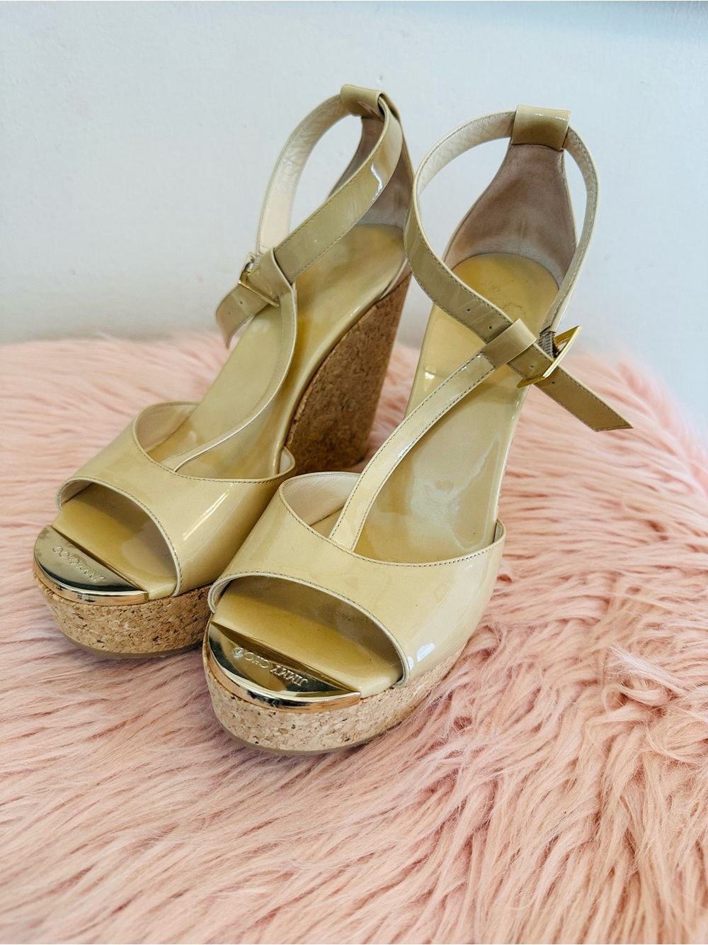 Jimmy Choo Nude Patent Cork Wedge Sandals